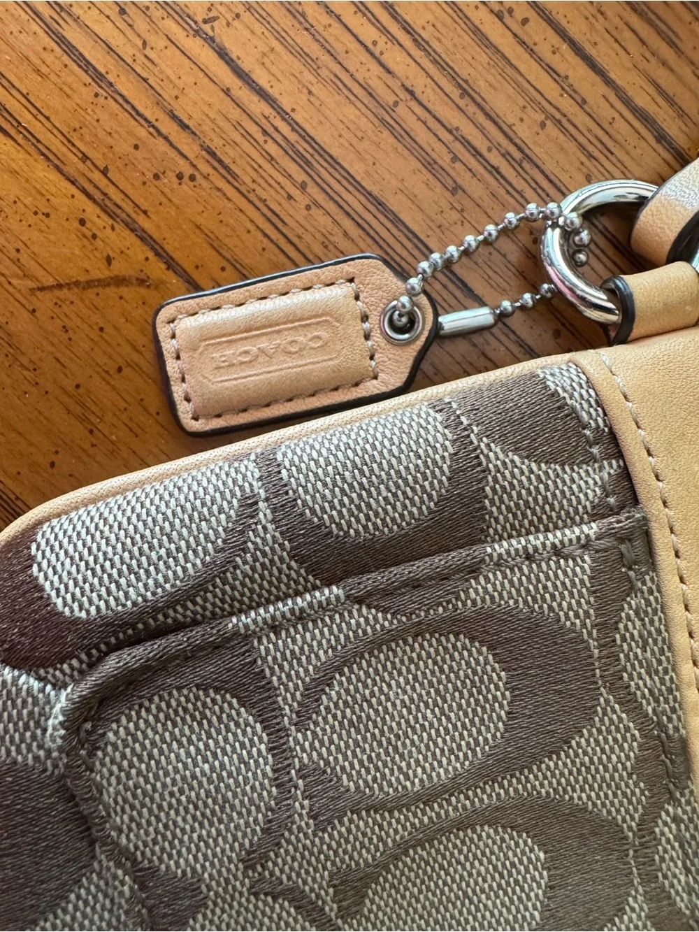 Coach Brown Signature Canvas Wristlet with Tan Leather Trim